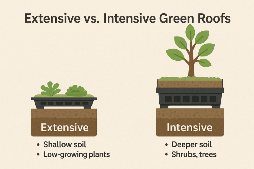 Comparison of extensive and intensive green roofs showing sedum coverage and rooftop garden with shrubs