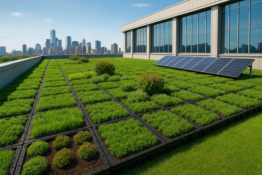 Plant diversity on HT-5020 modules including grasses, sedum mats, and compact shrubs Plant diversity on HT-5020 modules including grasses, sedum mats, and compact shrubs