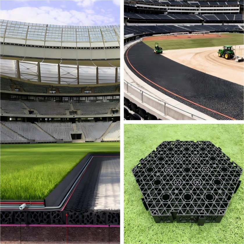 Football players competing during World Cup match on resilient turf sustained by modular Hoensoey Cells drainage system